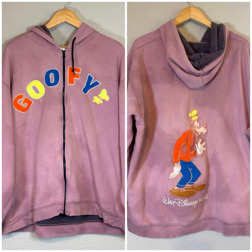 Vintage Disney World Pink Goofy Full Zip Hoodie Hooded Sweatshirt Embroidered XL